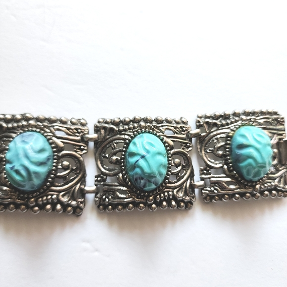Vintage Faux Turquoise Filigree Bracelet - Picture 3 of 10